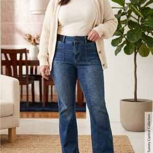 Indigo Poppy Tummy Control Flare jeans Patch Pockets size 12 Retro Boho